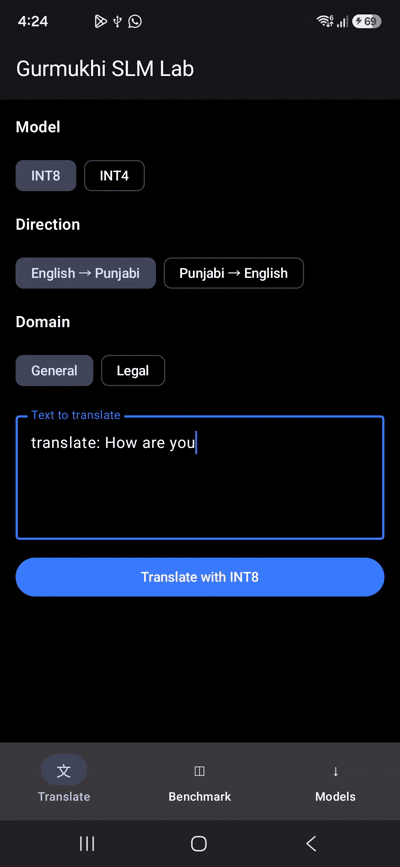 Gurmukhi translation interface running a model comparison